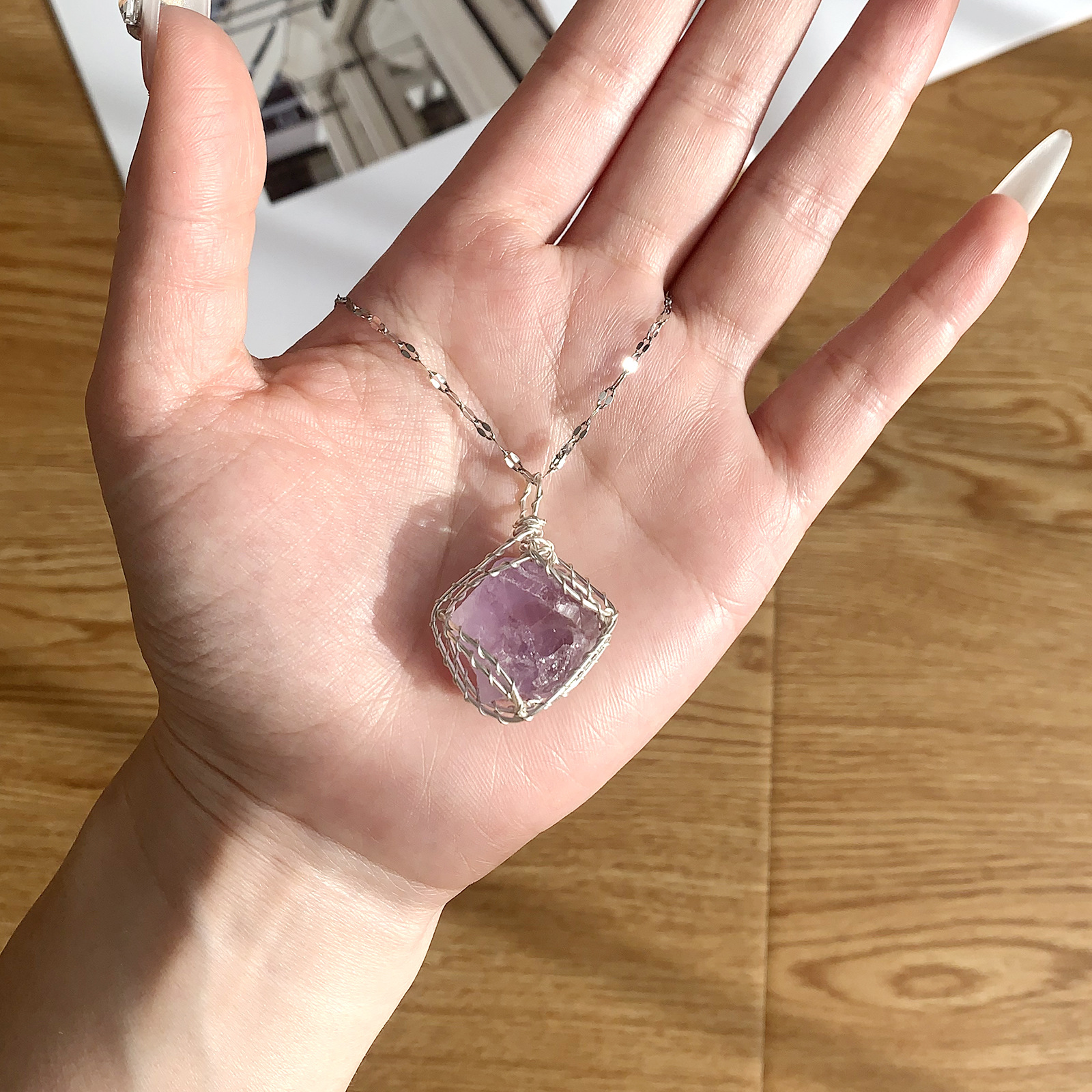Buy Raw Stone Wrapped Healing Necklace | Pink Crystal & Green Fluorite | Grounding Soulful Pendant | Kibo Space Jewelry Raw Stone Wrapped Healing Necklace | Pink Crystal & Green Fluorite | Grounding Soulful Pendant - Image 8