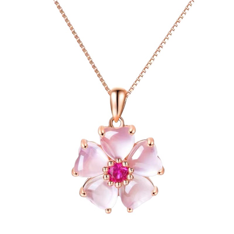 Buy 18K Rose Gold Plated Rose Quartz Cherry Blossom Pendant Necklace | Kibo Space Jewelry 18K Rose Gold Plated Rose Quartz Cherry Blossom Pendant Necklace - Image 5