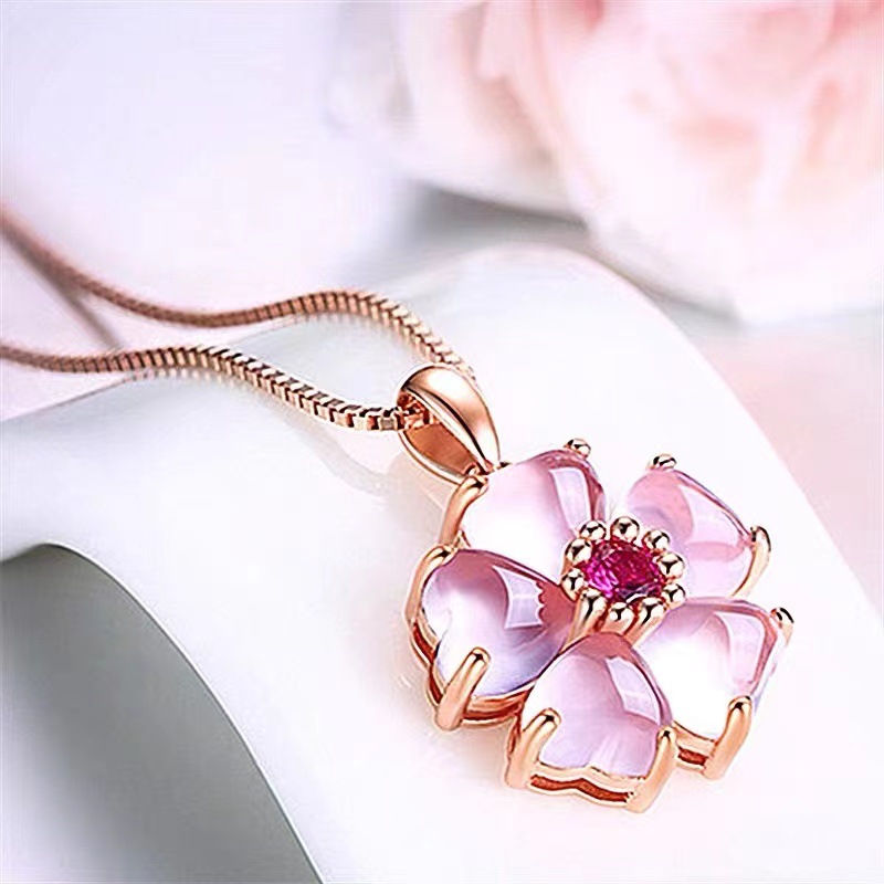 Buy 18K Rose Gold Plated Rose Quartz Cherry Blossom Pendant Necklace | Kibo Space Jewelry 18K Rose Gold Plated Rose Quartz Cherry Blossom Pendant Necklace - Image 6