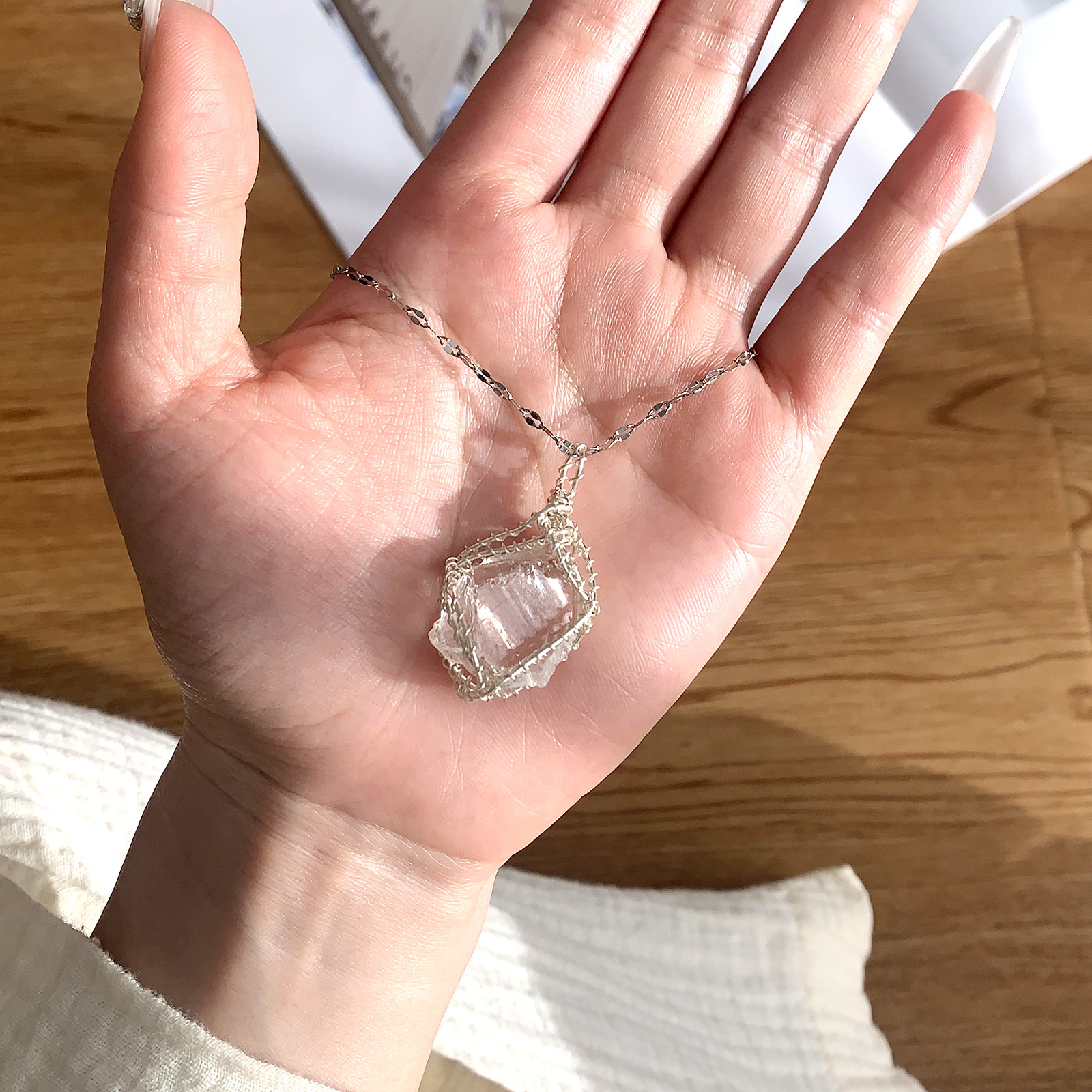 Buy Raw Stone Wrapped Healing Necklace | Pink Crystal & Green Fluorite | Grounding Soulful Pendant | Kibo Space Jewelry Raw Stone Wrapped Healing Necklace | Pink Crystal & Green Fluorite | Grounding Soulful Pendant - Image 6