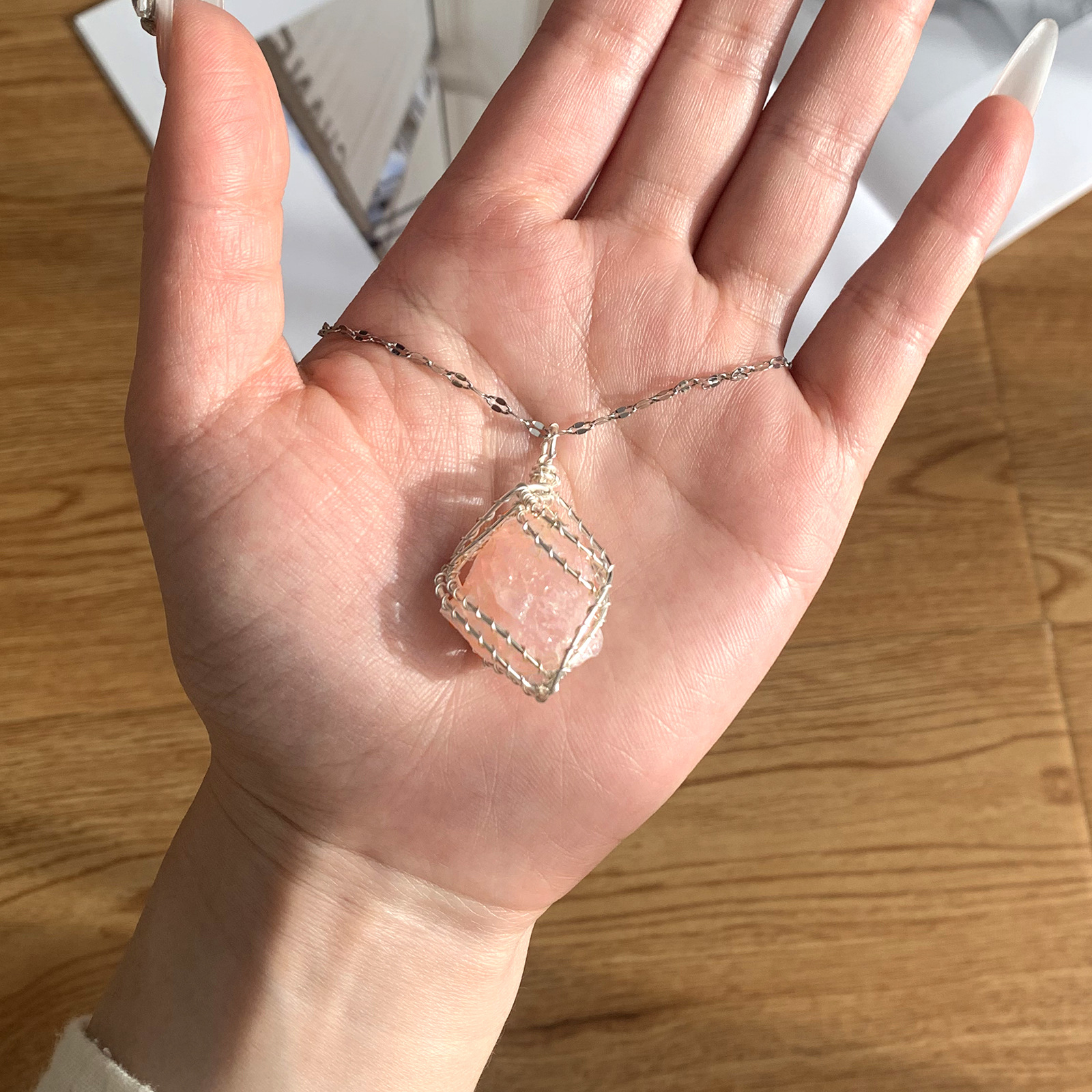 Buy Raw Stone Wrapped Healing Necklace | Pink Crystal & Green Fluorite | Grounding Soulful Pendant | Kibo Space Jewelry Raw Stone Wrapped Healing Necklace | Pink Crystal & Green Fluorite | Grounding Soulful Pendant - Image 4