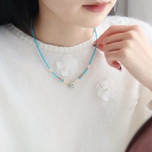 Handmade Dainty Turquoise Beaded Flower Pendant Necklace