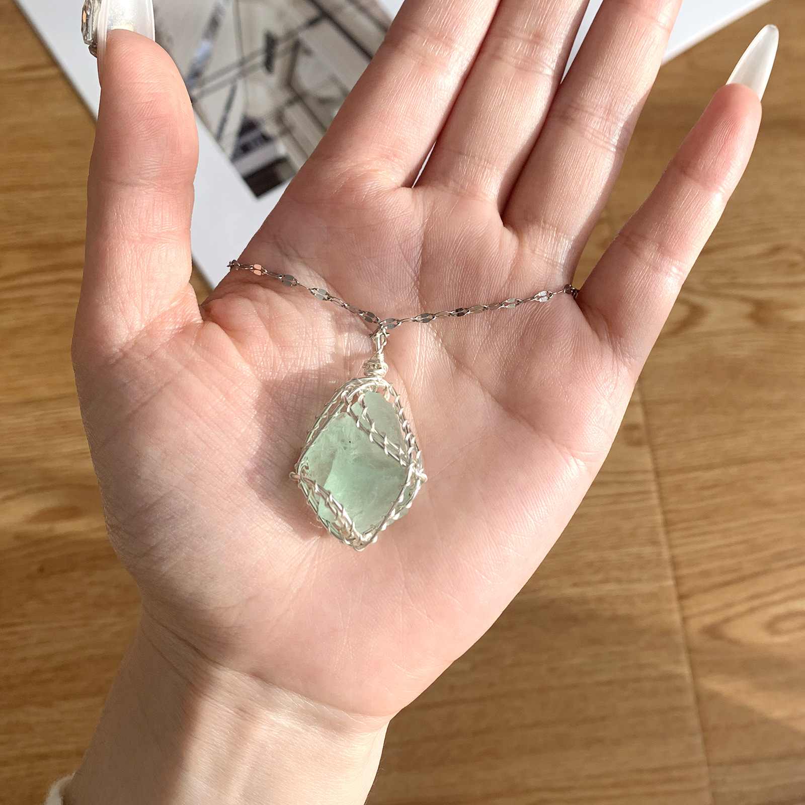 Buy Raw Stone Wrapped Healing Necklace | Pink Crystal & Green Fluorite | Grounding Soulful Pendant | Kibo Space Jewelry Raw Stone Wrapped Healing Necklace | Pink Crystal & Green Fluorite | Grounding Soulful Pendant - Image 3