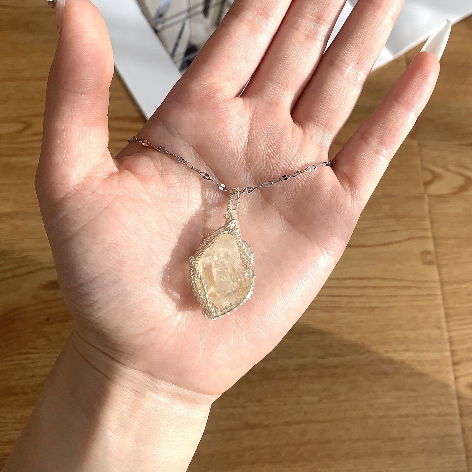 Buy Raw Stone Wrapped Healing Necklace | Pink Crystal & Green Fluorite | Grounding Soulful Pendant | Kibo Space Jewelry Raw Stone Wrapped Healing Necklace | Pink Crystal & Green Fluorite | Grounding Soulful Pendant - Image 2