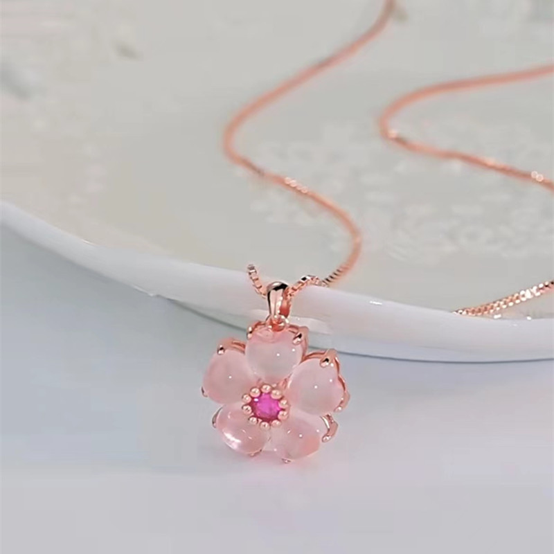 Buy 18K Rose Gold Plated Rose Quartz Cherry Blossom Pendant Necklace | Kibo Space Jewelry 18K Rose Gold Plated Rose Quartz Cherry Blossom Pendant Necklace - Image 3