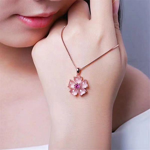 18K Rose Gold Rose Quartz Cherry Blossom Necklace | Soul-Centered Flower Pendant for New Beginnings - Sacred Symbolizes the beauty of new | Kibo Space