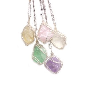 Raw Stone Wrapped Necklace for Women, Pink Crystal, Green Fluorite, Yellow Amethyst, Clavicle Chain, Hand-Wound Natural Stone Pendant