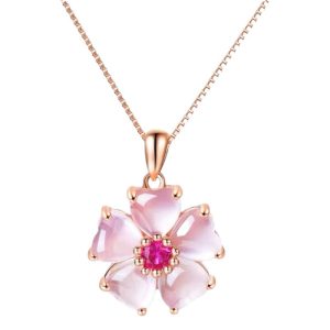 18K Rose Gold Plated Rose Quartz Cherry Blossom Pendant Necklace