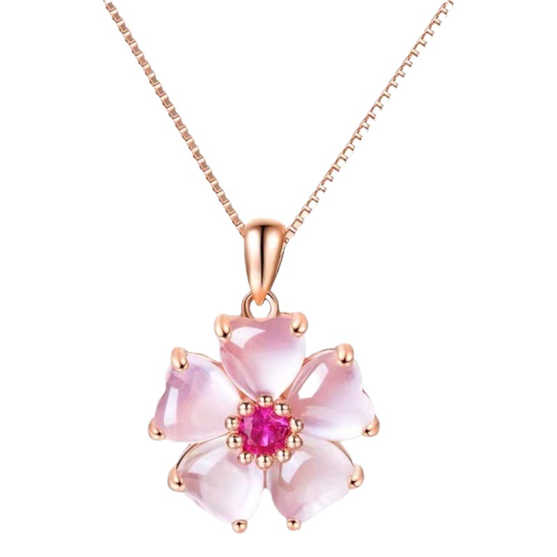 Buy 18K Rose Gold Plated Rose Quartz Cherry Blossom Pendant Necklace | Kibo Space Jewelry 18K Rose Gold Plated Rose Quartz Cherry Blossom Pendant Necklace