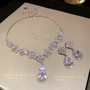 Luxury Square Cut CZ Teardrop Bridal Jewelry Set, Sparkling Wedding Necklace & Drop Earrings
