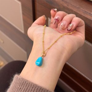 Dainty Turquoise Teardrop Necklace, Gold Beaded Chain Healing Crystal Jewelry