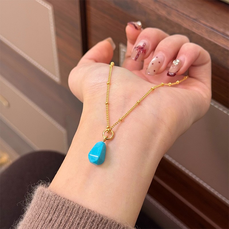 Buy Dainty Turquoise Teardrop Necklace, Gold Beaded Chain Healing Crystal Jewelry | Kibo Space Jewelry Dainty Turquoise Teardrop Necklace, Gold Beaded Chain Healing Crystal Jewelry