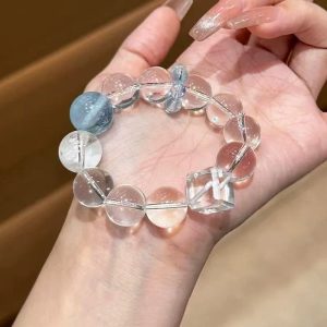 Handmade natural clear quartz and blue needle crystal bracelet with geometric cube charm, Kibo Space jewelry for energy healing and daily wear