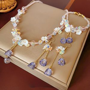 Handmade 3Pcs Lavender Crystal Jewelry Set | Flower Bell Pendant Necklace Bracelet Earrings for Women