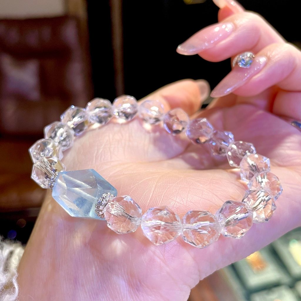 Faceted Clear Quartz Bracelet with Aquamarine Focal Stone | Clarity & Serene Ocean Energy