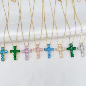 Trendy Jewelry Zircon Crystal Cross Pendant Necklace Colorful Green White Female