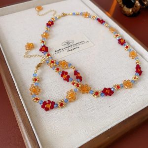 Handmade 2Pcs Boho Flower Beaded Jewelry Set | Red Orange Crystal Beaded Necklace Bracelet for Women