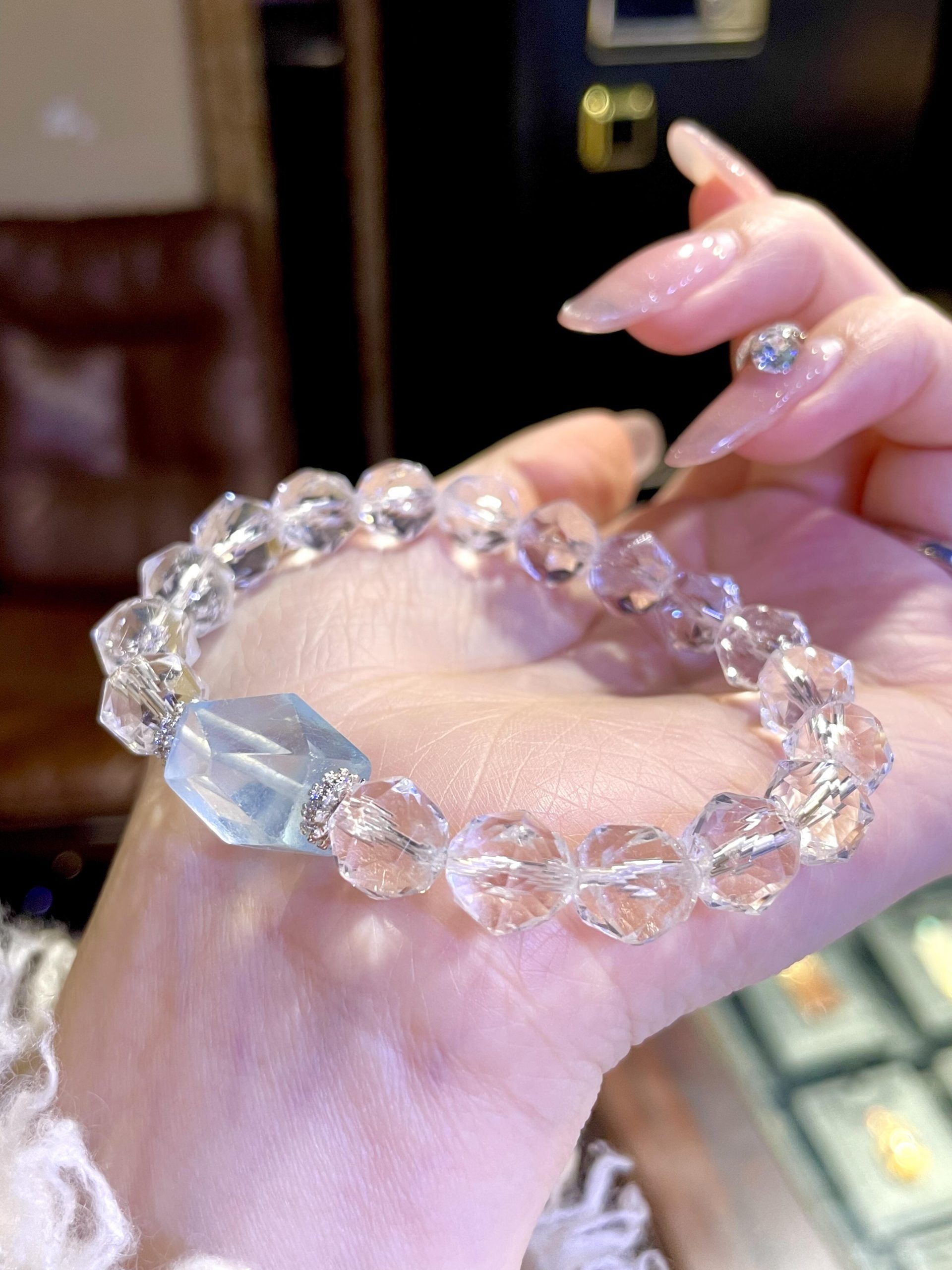 Buy Faceted Clear Quartz Bracelet with Aquamarine Focal Stone | Clarity & Serene Ocean Energy | Kibo Space Jewelry Faceted Clear Quartz Bracelet with Aquamarine Focal Stone | Clarity & Serene Ocean Energy - Image 5