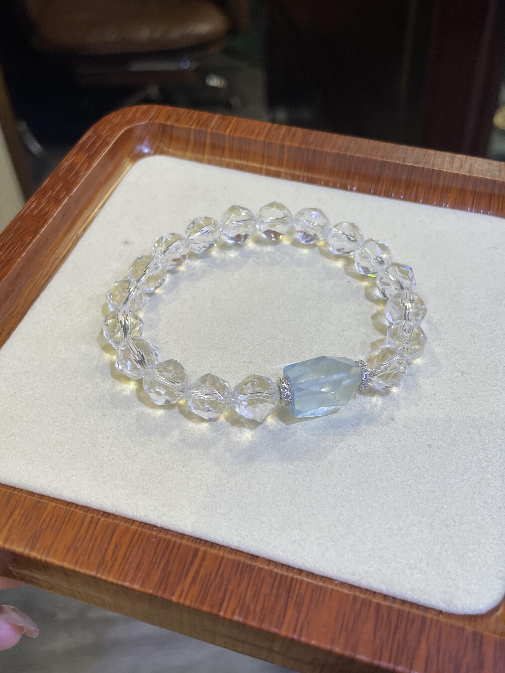 Buy Faceted Clear Quartz Bracelet with Aquamarine Focal Stone | Clarity & Serene Ocean Energy | Kibo Space Jewelry Faceted Clear Quartz Bracelet with Aquamarine Focal Stone | Clarity & Serene Ocean Energy - Image 3