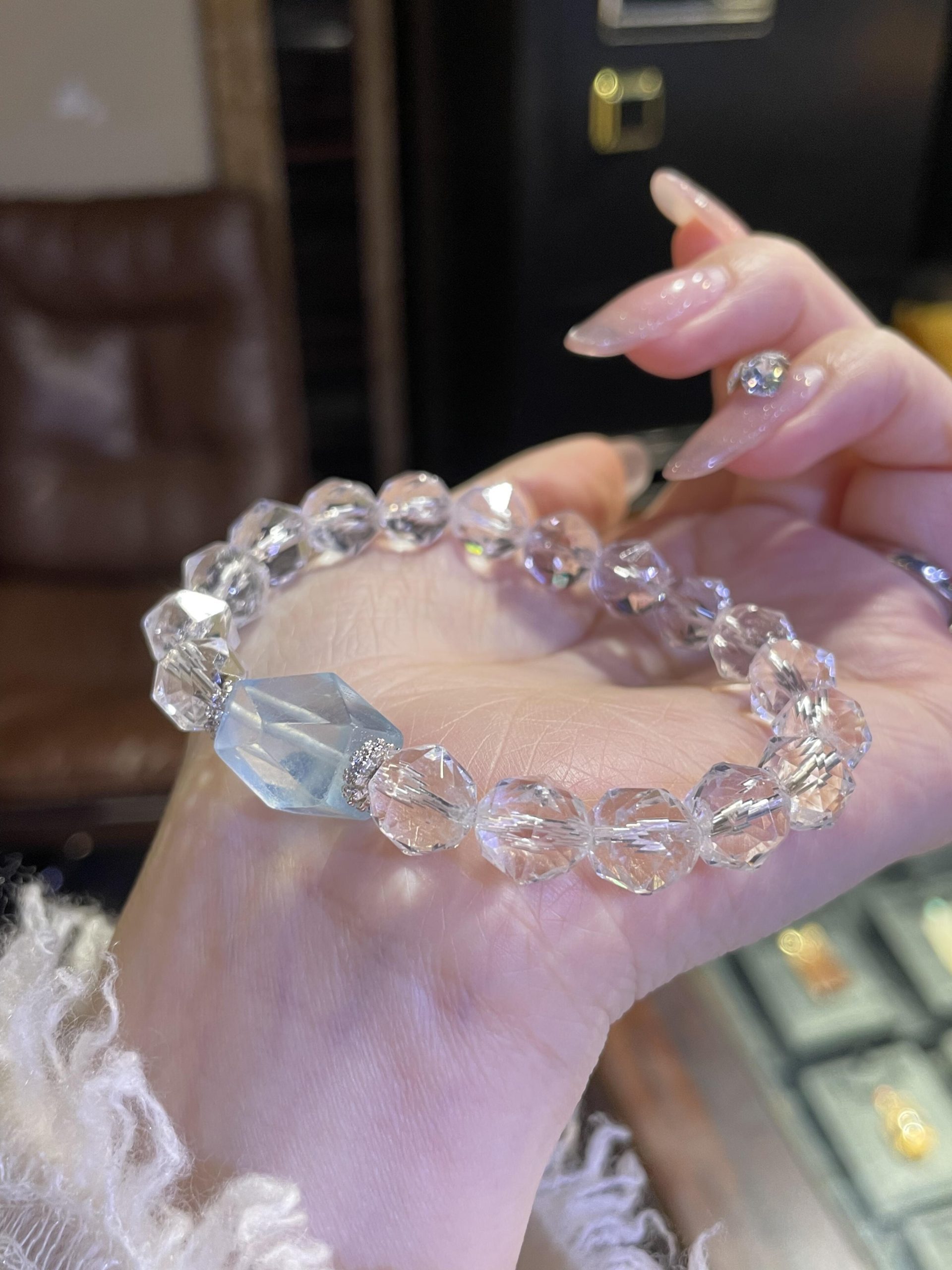 Buy Faceted Clear Quartz Bracelet with Aquamarine Focal Stone | Clarity & Serene Ocean Energy | Kibo Space Jewelry Faceted Clear Quartz Bracelet with Aquamarine Focal Stone | Clarity & Serene Ocean Energy - Image 4
