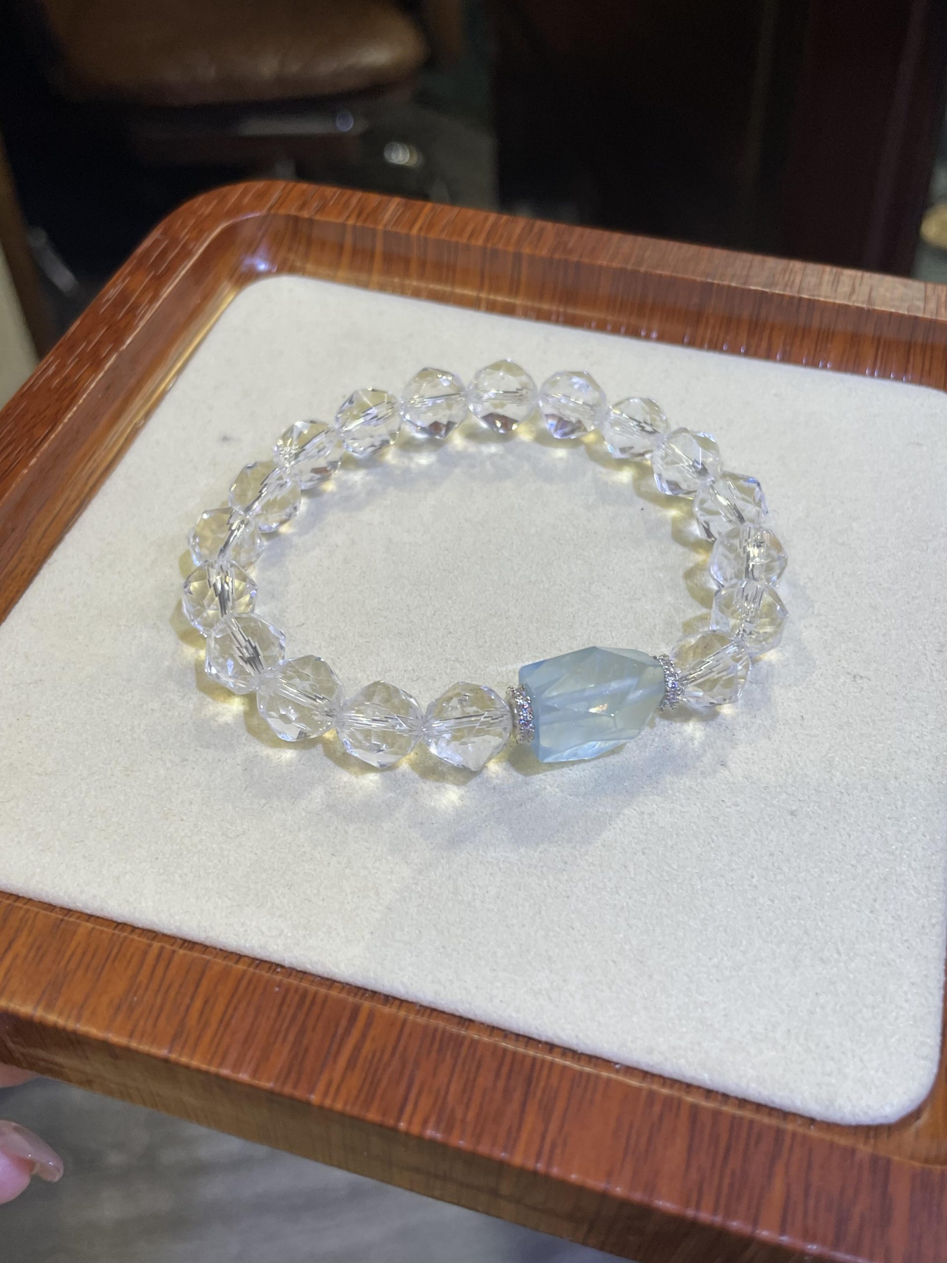 Buy Faceted Clear Quartz Bracelet with Aquamarine Focal Stone | Clarity & Serene Ocean Energy | Kibo Space Jewelry Faceted Clear Quartz Bracelet with Aquamarine Focal Stone | Clarity & Serene Ocean Energy - Image 2